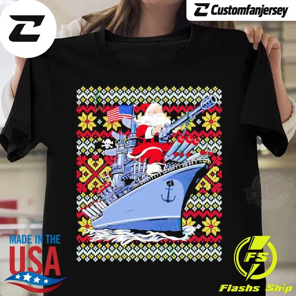 Santa Claus Storming Ship Ugly Christmas T-Shirt - black Christmas shirt