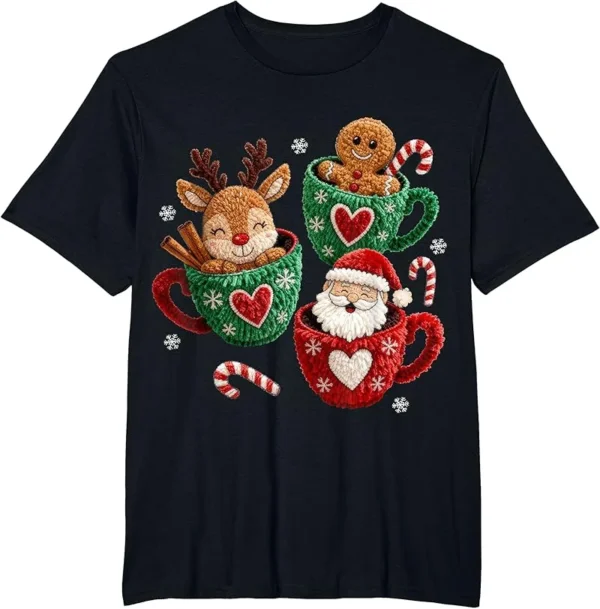 Santa Reindeer Gingerbread Faux Yarn Christmas T-Shirt