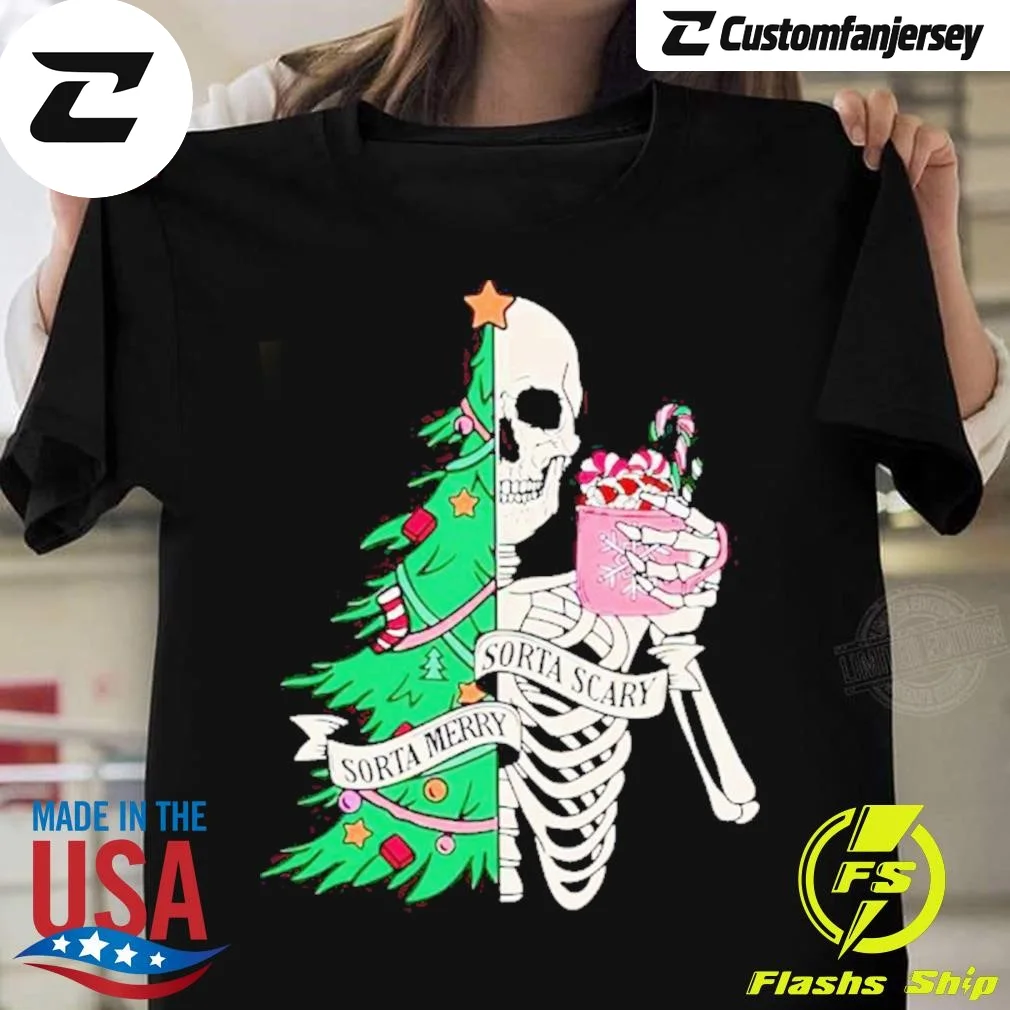 Skeleton Sorta Merry Sorta Scary Christmas T-Shirt - black Christmas shirt