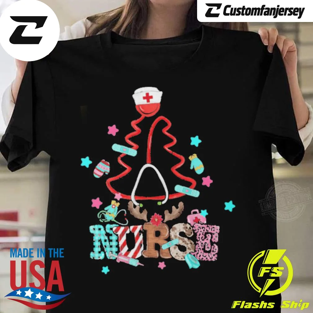 Stethoscope Christmas Tree Nurse Christmas Scrub Top Xmas T-Shirt - black Christmas shirt