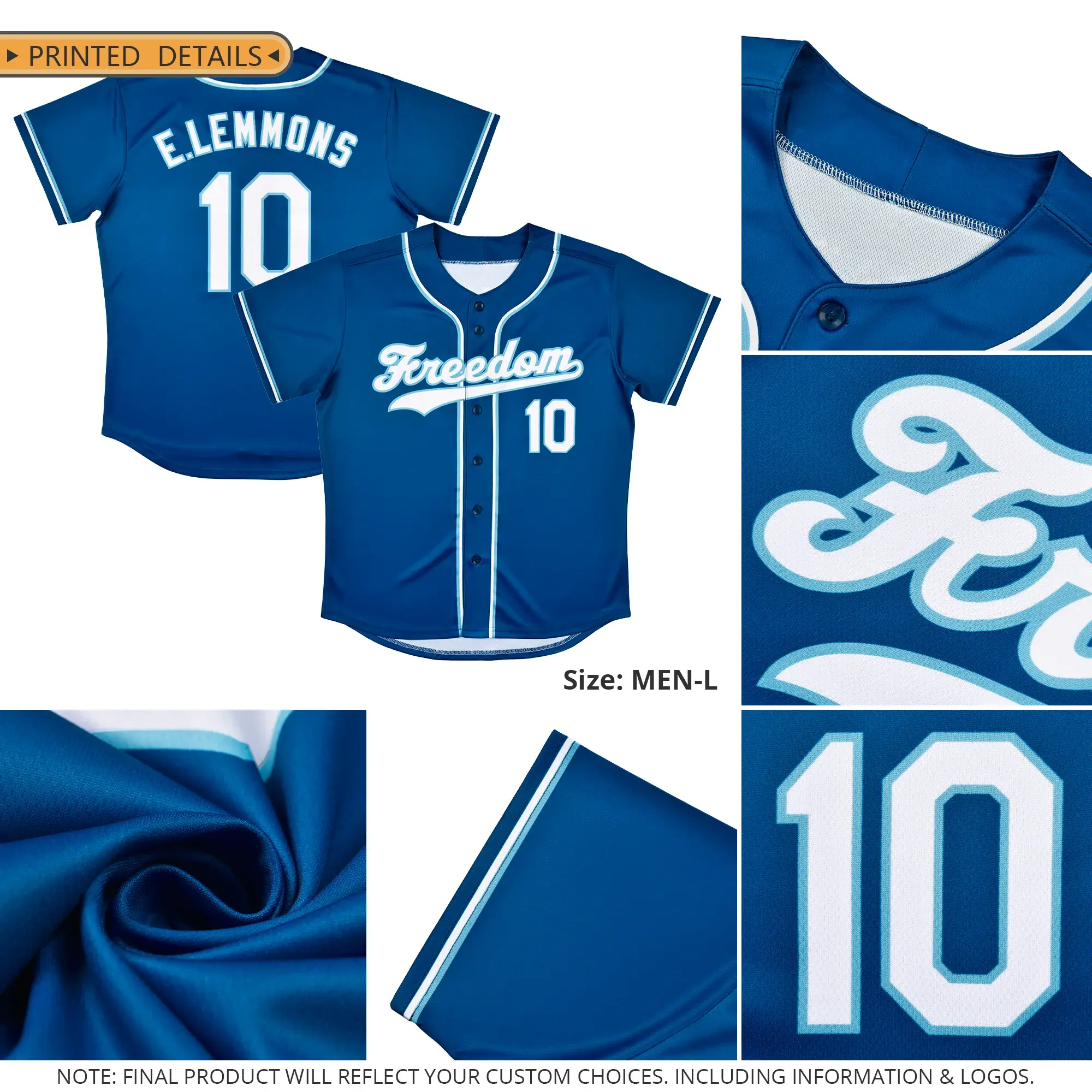 Custom baseball jersey printed details: collar, lettering, fabric and sleeve trim