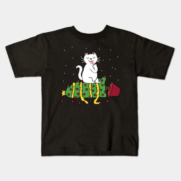 White Cat Knocked the Christmas Tree T-Shirt - kids t-shirt